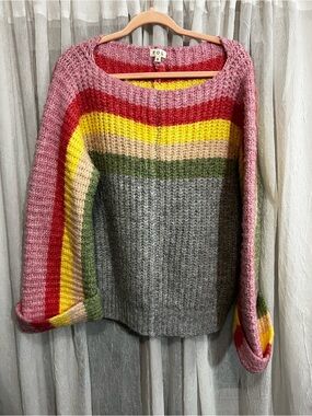POL Multicolor Striped Crew Sweater - Pink, Red, Yellow & Gray